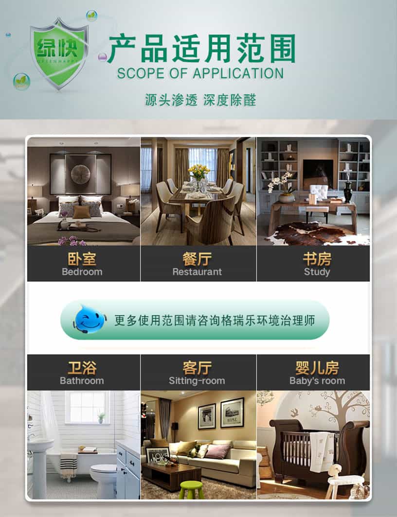 產(chǎn)品適用范圍，SCOPE OF APPLICATION,源頭滲透，深度除醛，臥室，Bedroom,餐廳，Restarant,書房，Study，衛(wèi)浴，Bathroom,客廳，Siting-room,嬰兒房，Baby' room,更多使用范圍請咨詢格瑞樂環(huán)境治理師