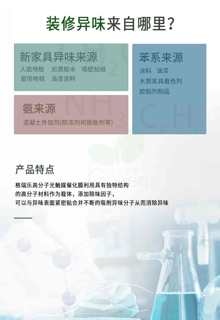 裝修異味來自哪里?新家具異味來源，人造地板、劣質(zhì)膠水、墻壁貼紙、窗簾地毯、油漆涂料。氨來源:混凝土外加劑(防凍劑和膨脹劑等),苯系來源:涂料、油漆、木制家具著色劑、膠黏劑制品,產(chǎn)品特點:格瑞樂高分子光觸媒催化膜利用具有獨特結(jié)構(gòu)的高分子材料作為載體，添加除味因子，可以與異味表面緊密貼合并不斷的吸附異味分子從而消除異味