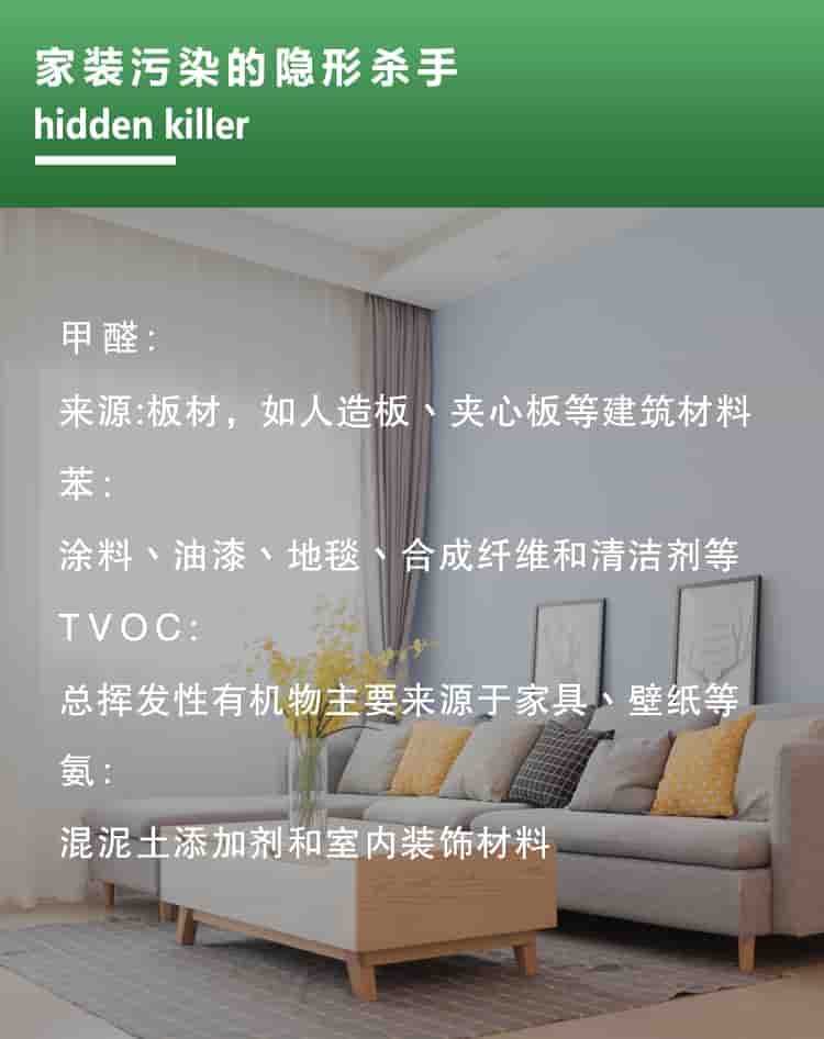 家裝隱形殺手，hidden killer，甲醛來源板材，如人造板材丶夾心板等建筑材料，苯涂料丶油漆丶地毯丶合成纖維和清潔劑等，TVOC總揮發(fā)性有機(jī)物主要來源于家具壁紙等，氨混泥土添加劑和室內(nèi)裝飾材料
